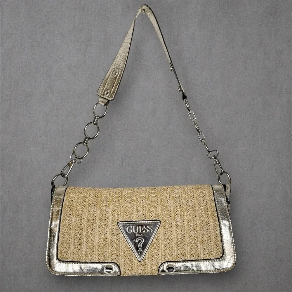 Vtg Y2K Style Guess Baguette Straw Purse Metallic Silver Snake Skin Trim 90s